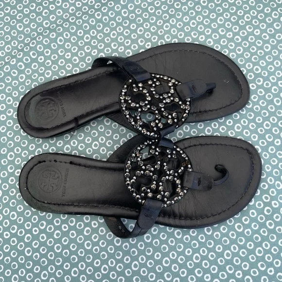 Tory Burch Black Sandals with Embellished Medallion - Picture 2 of 10